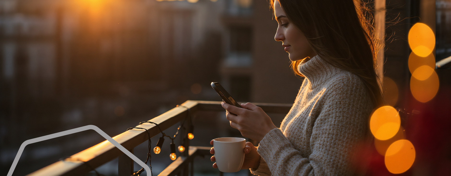 mulher em sacada com smartphone e xcara