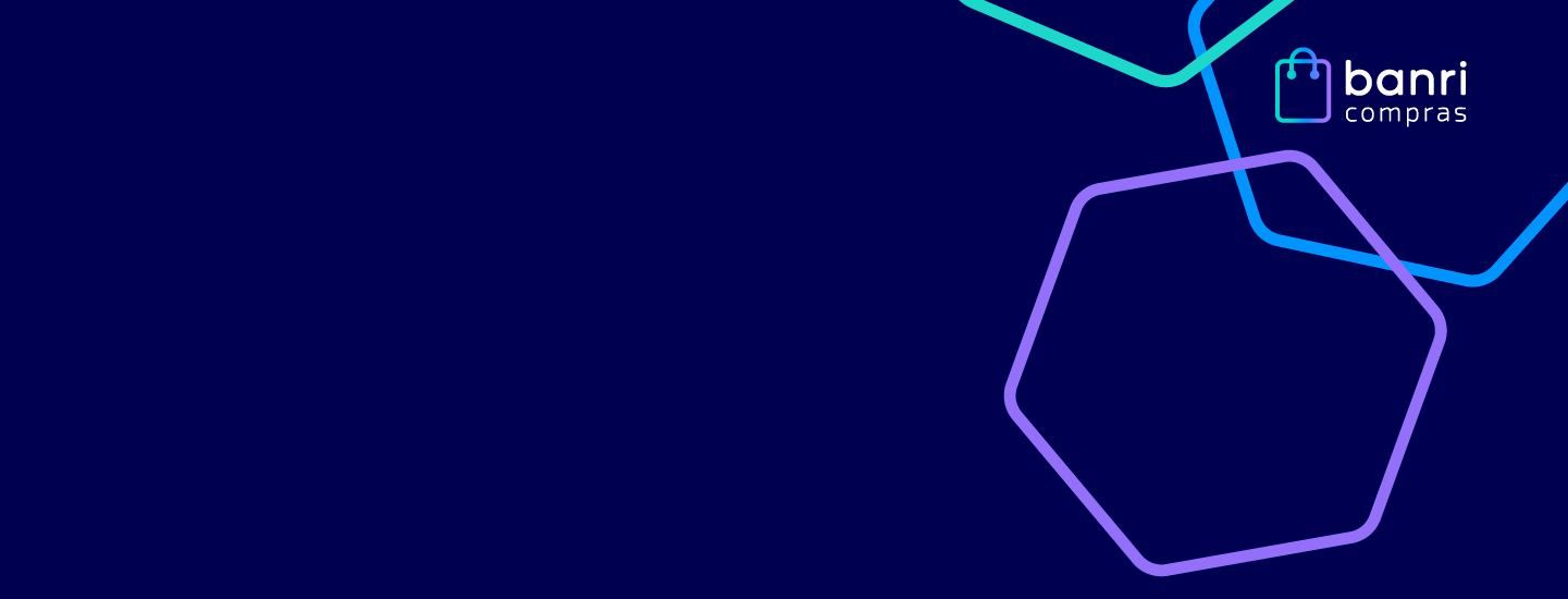 fundo azul escuro com hexgonos no canto direito com logo banricompras