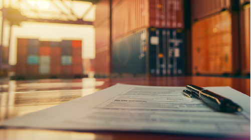 imagem de documento com caneta em cima e containers ao fundo