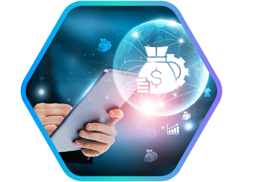 tablet rodeado de cones de finanas