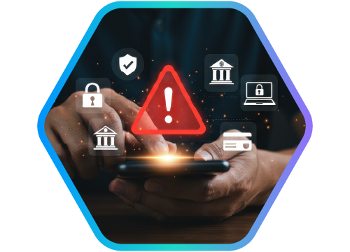 celular com cones bancrios em volta, no meio sinal de exclamao dentro de tringulo vermelho em destaque.