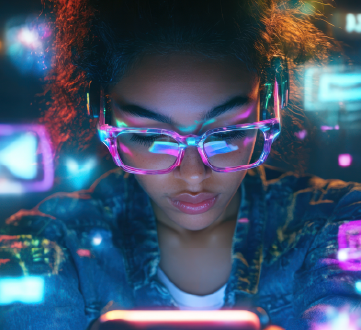 menina rodeada de elementos digitais mexendo em celular