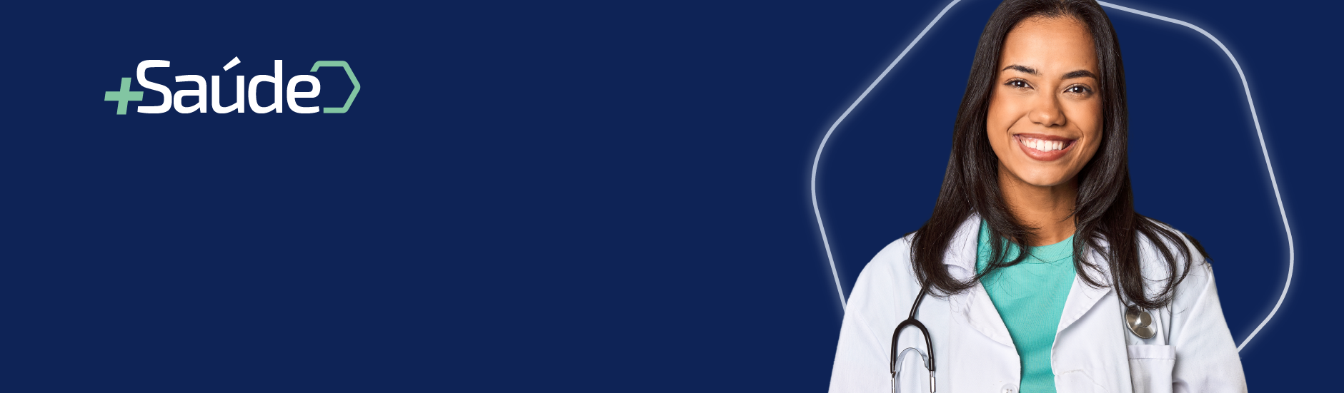 m�dica sorrindo hexagono azul escuro ao fundo