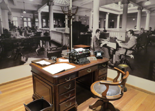 Foto de uma simula��o do interior antigo da ag�ncia.