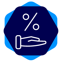 ilustra��o com simbolo de % com m�o embaixo, tudo dentro de um hexagono azul escuro