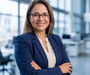 mulher executiva sorrindo com bra�os cruzados