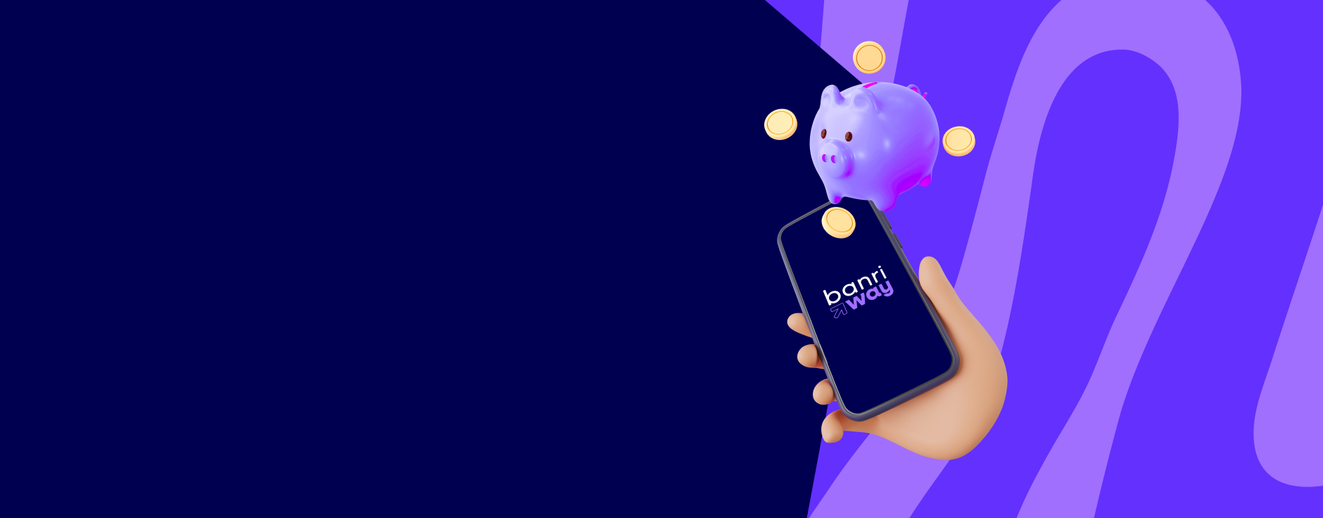 ilustra��o de m�o com celular e porquinho com moedas sobre a tela, fundo azul escuro